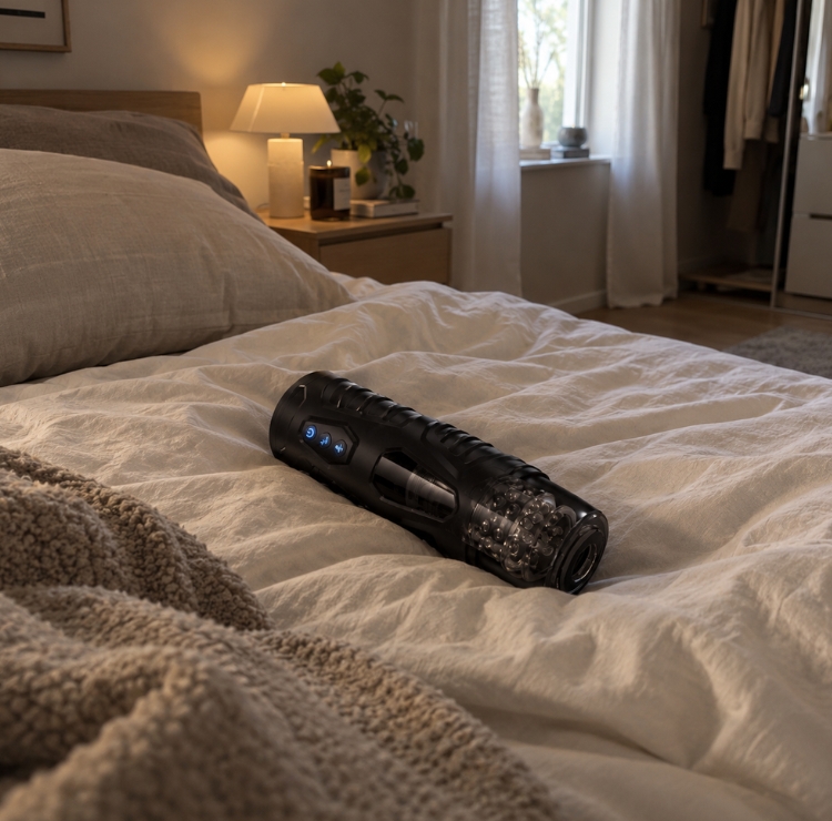 HoneyWink Male Stroker resting on a bed