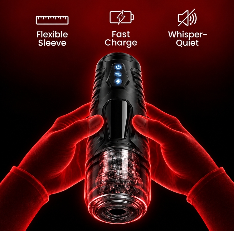 Flexible sleeve, fast charge and whisper-quiet motor features of the HoneyWink Male Stroker